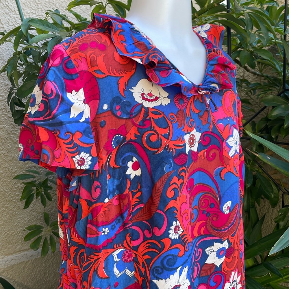 Vintage 70’s bright multicolored handmade silk dress with beautiful trim